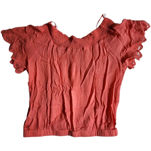 Lulumari Coral Orange Cropped Boho Smocked Off Shoulder Top sz S - Picture 2 of 11